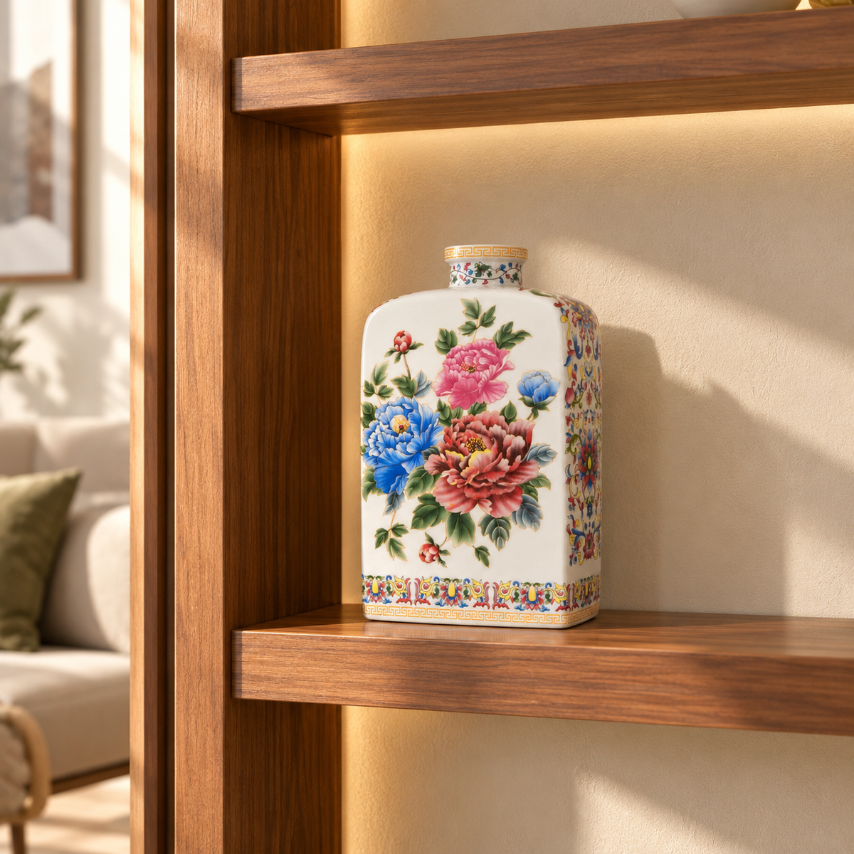 Peony Bouquet Ceramic Rectangular Flask Vase