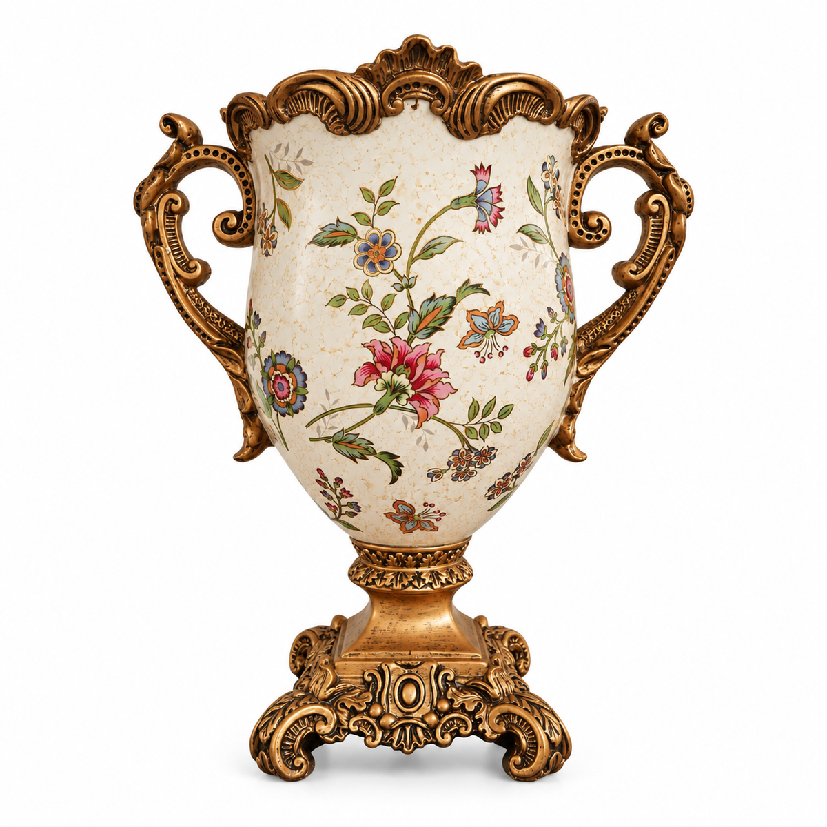 Ivory Floral Ceramic Trophy Vase with Ornate Gold Rim & Handles