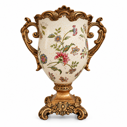Ivory Floral Ceramic Trophy Vase with Ornate Gold Rim & Handles