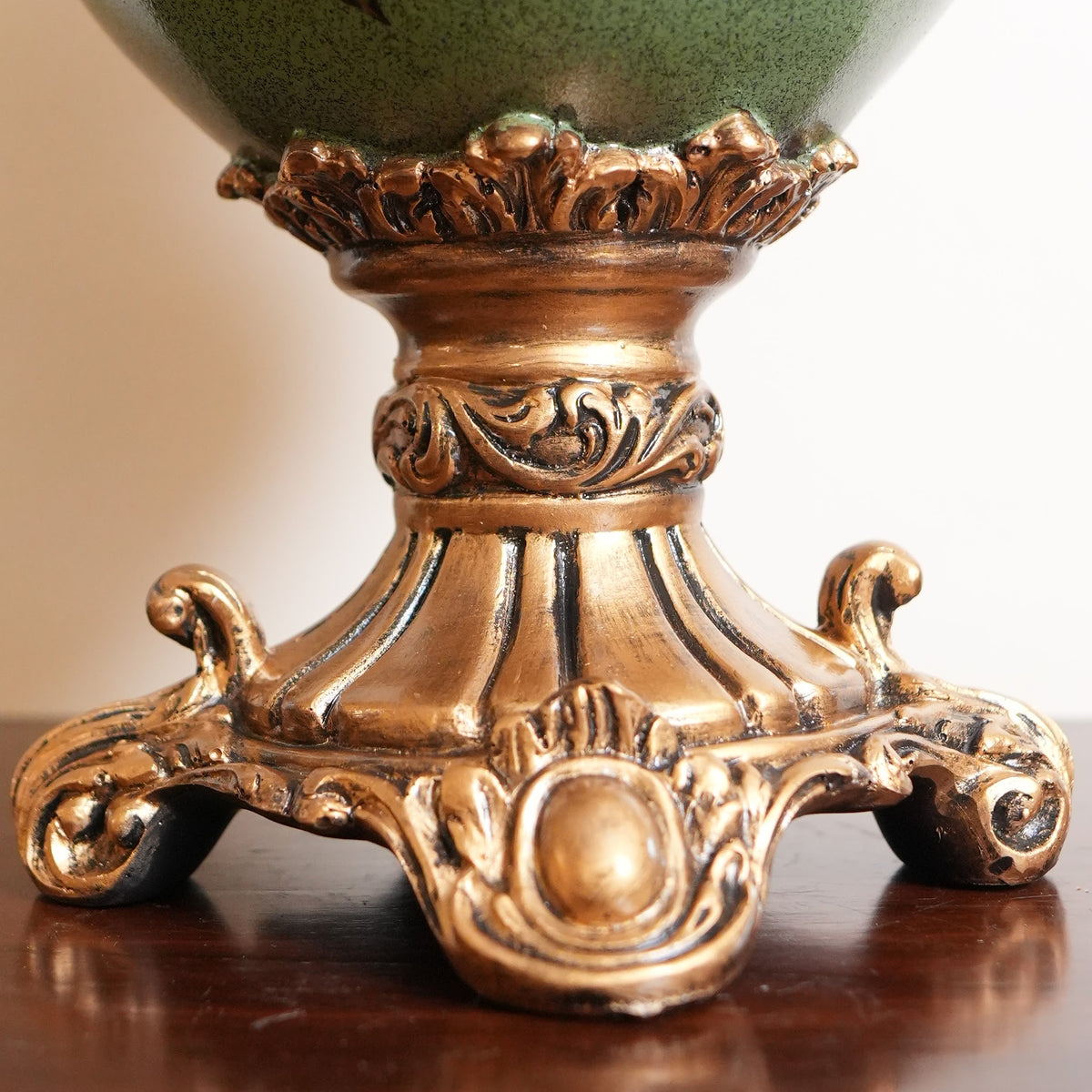 Sage Green Peony Ceramic Trumpet Vase with Gold Scroll Handles & Pedestal