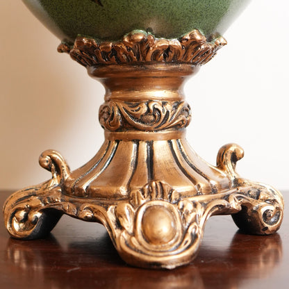 Sage Green Peony Ceramic Trumpet Vase with Gold Scroll Handles & Pedestal