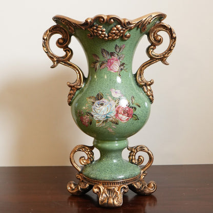 Sage Green Rose Ceramic Vase with Ornate Gold Rim, Handles & Pedestal