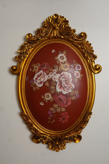 Burgundy Floral Oval Wall Plaque with Gold Baroque Frame