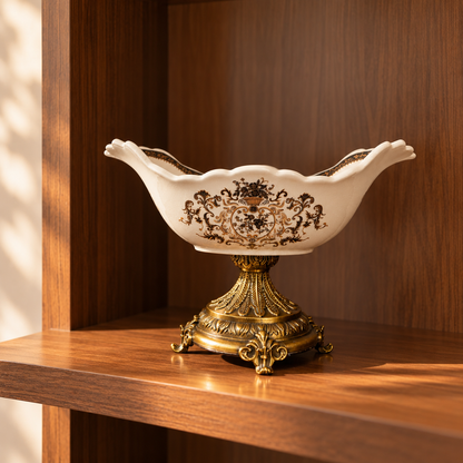 Ivory Baroque Ceramic Centerpiece Bowl with Gold Pedestal
