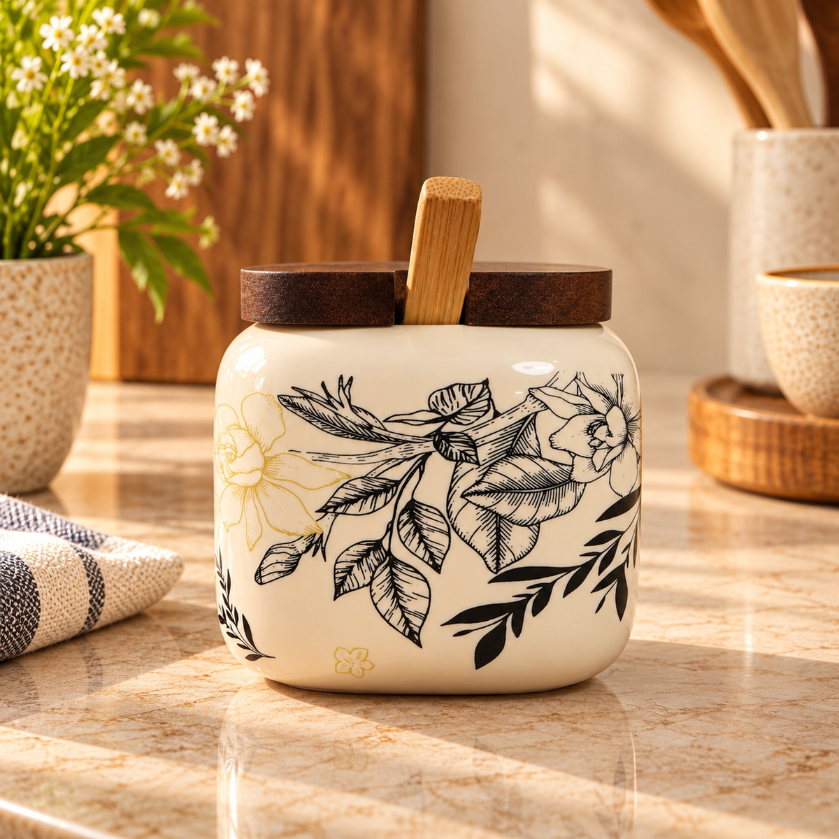 Ink Botanical Ceramic Pickle Jar Set with Wooden Lids, Spoons & Tray (Set of 3)