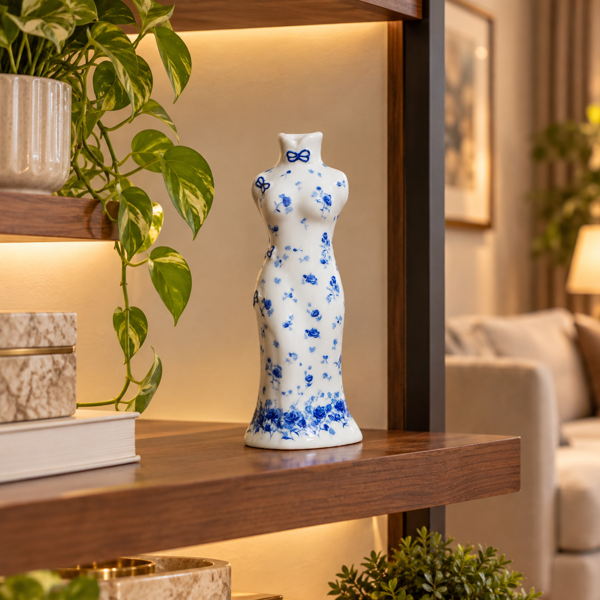 Blue Rose Qipao Lady Ceramic Bud Vase