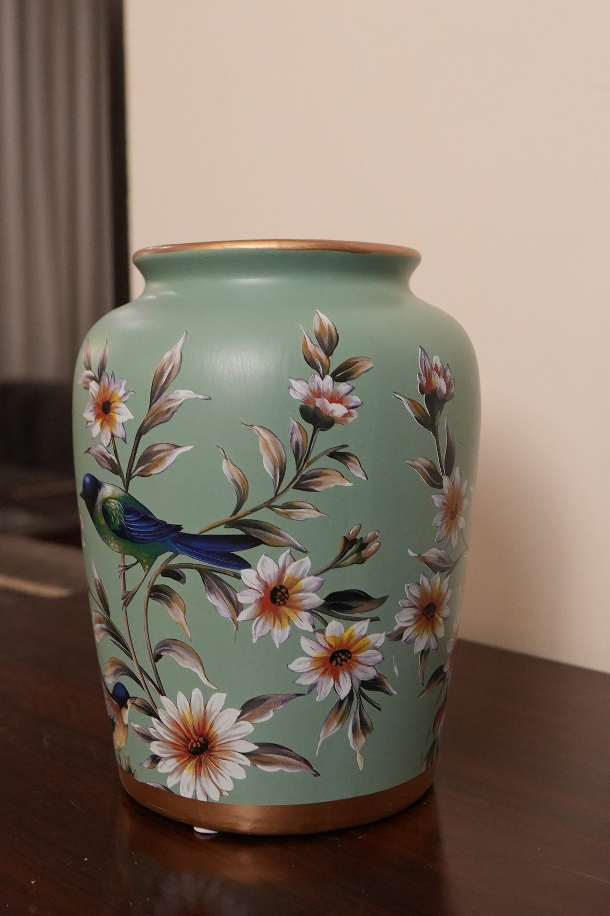 Sage Green Bird & Blossom Wide-Mouth Ceramic Vase