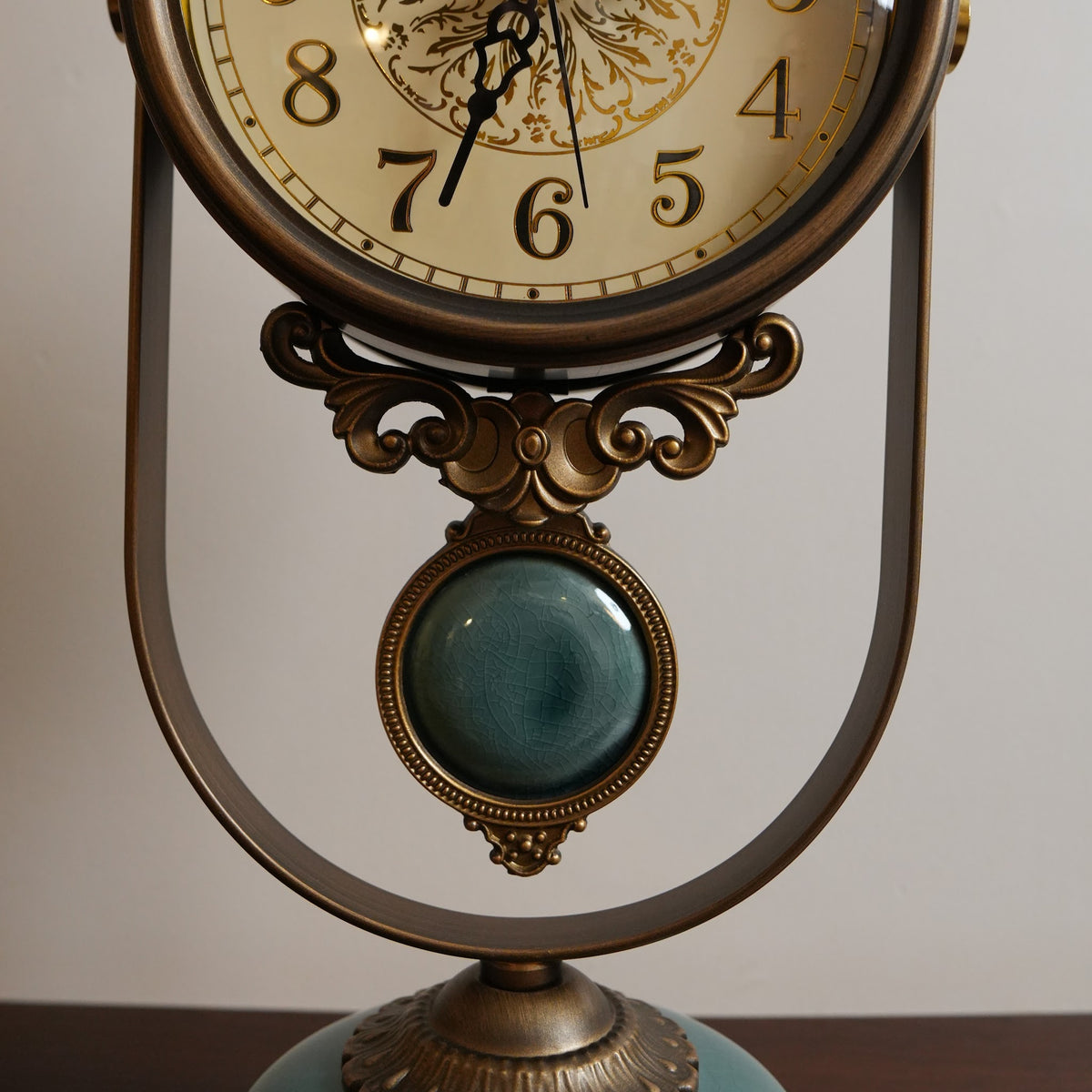 Teal Crackle Porcelain & Brass Pendulum Table Clock