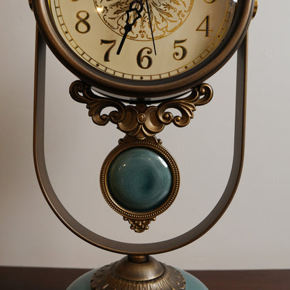 Teal Crackle Porcelain & Brass Pendulum Table Clock
