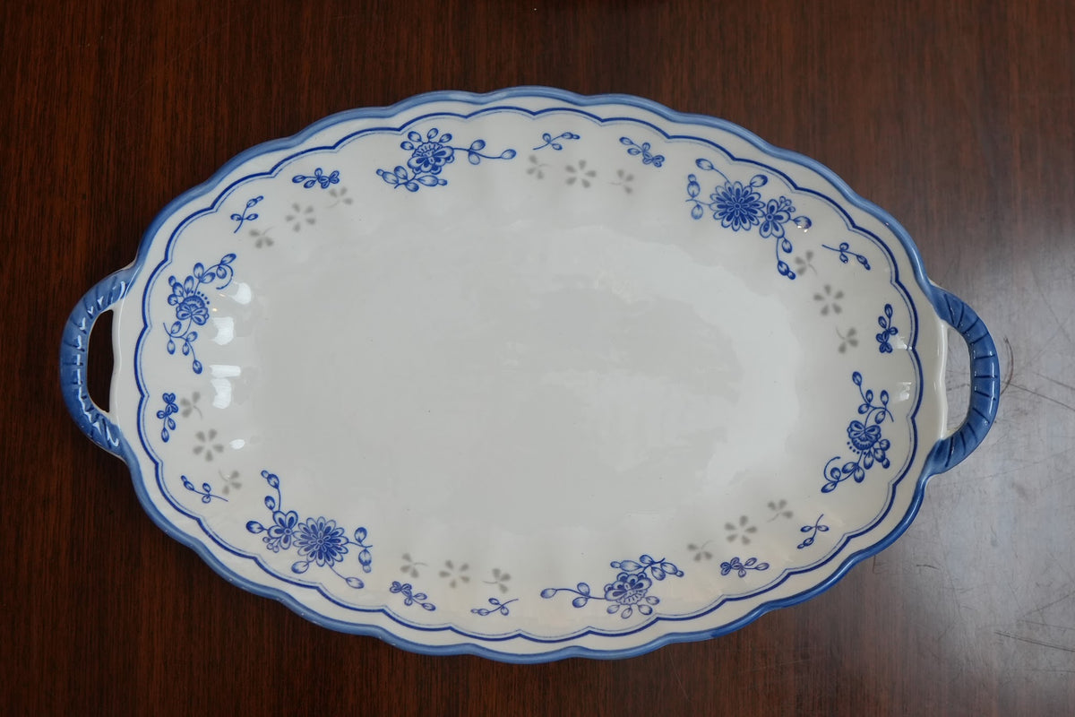 Blue Sprig Ceramic Oval Platter with Handles Set of 2