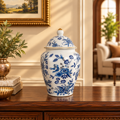 Classic Blue & White Floral Ceramic Ginger Jar
