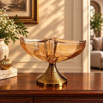 Amber Glass Square Pedestal Bowl with Hammered Gold Stand