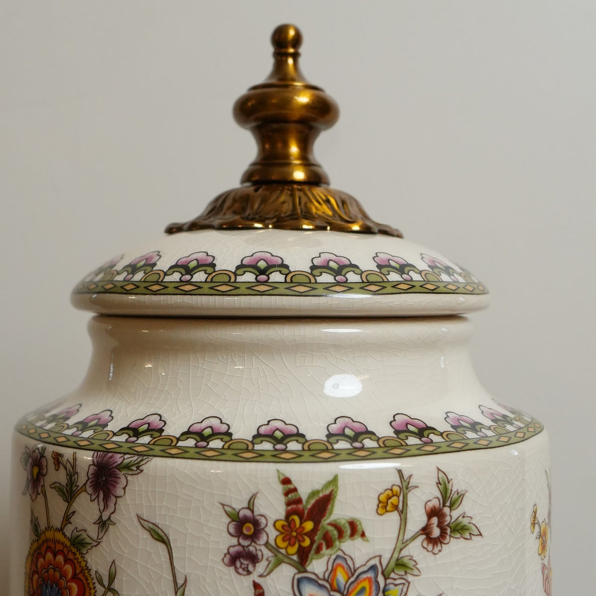Ivory Jacobean Floral Ceramic Canister with Brass Finial Lid