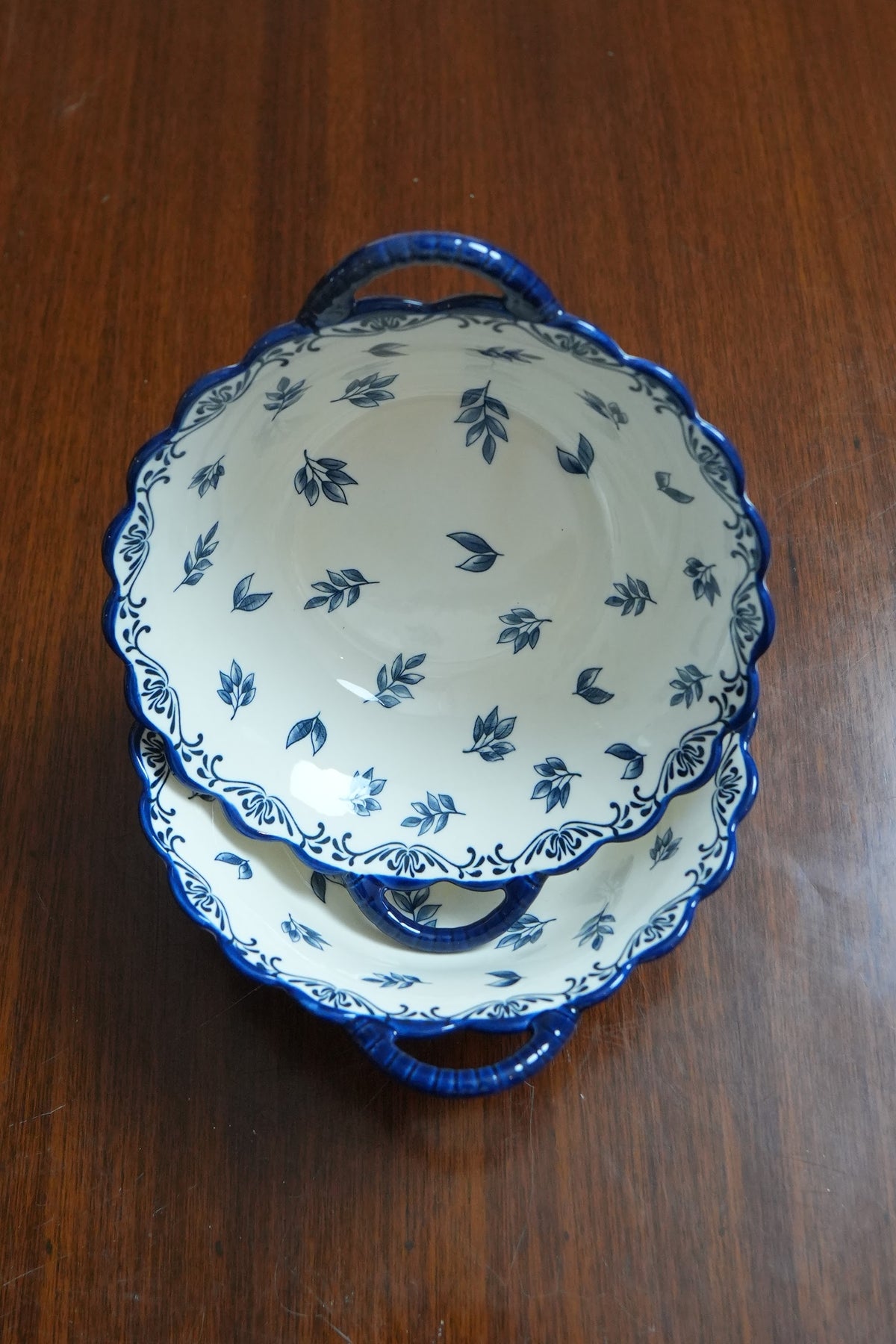 Indigo Leaf Scalloped Ceramic Serving Bowl with Handles Set of 2