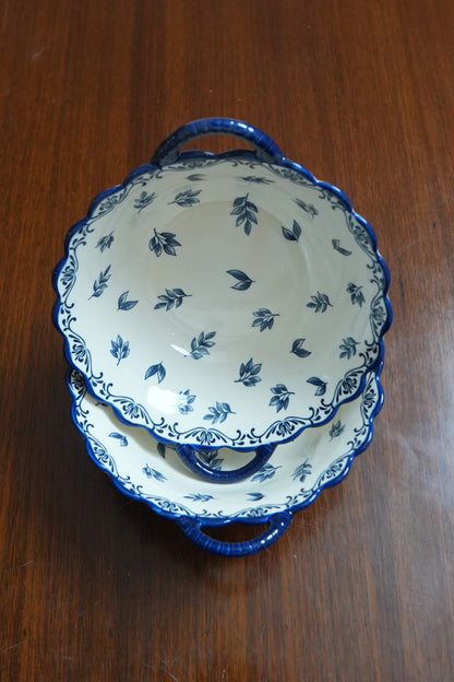 Indigo Leaf Scalloped Ceramic Serving Bowl with Handles Set of 2