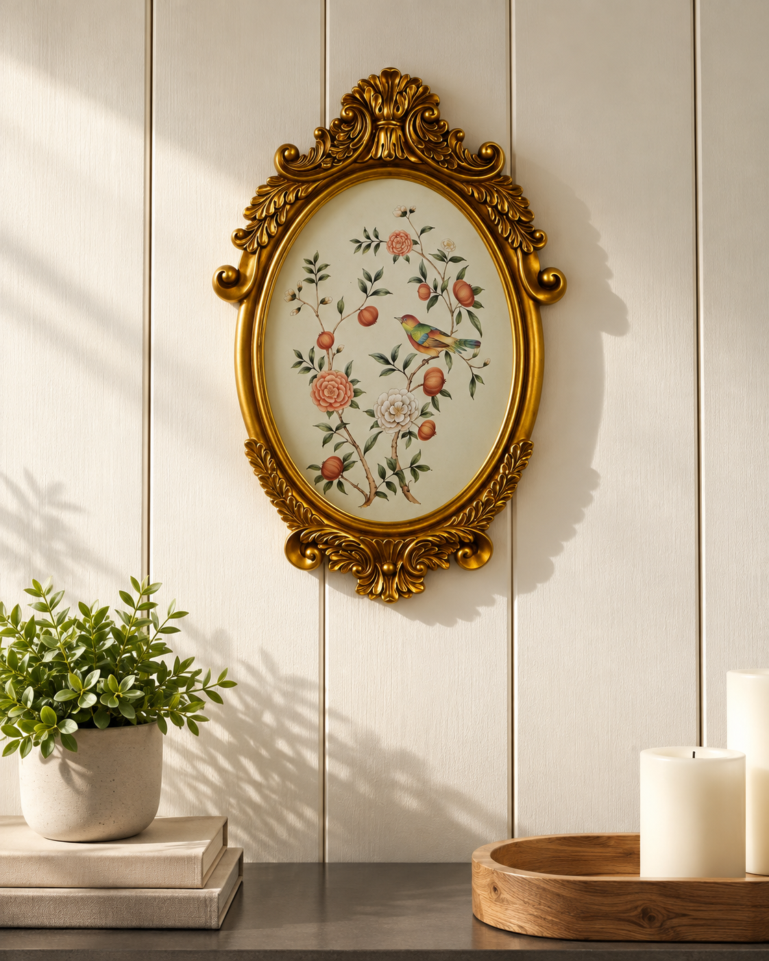 Cream Pomegranate & Bird Oval Wall Plaque with Gold Baroque Frame