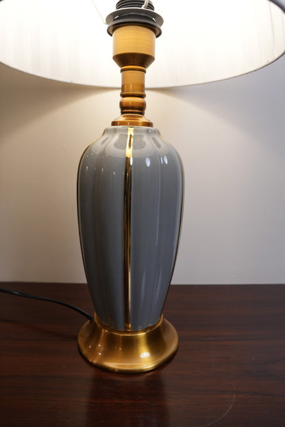 Grey Fluted Ceramic Table Lamp with Gold Accents