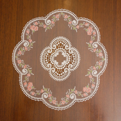 White Quatrefoil Lace & Pink Floral Small Round Table Mat (Set of 2)