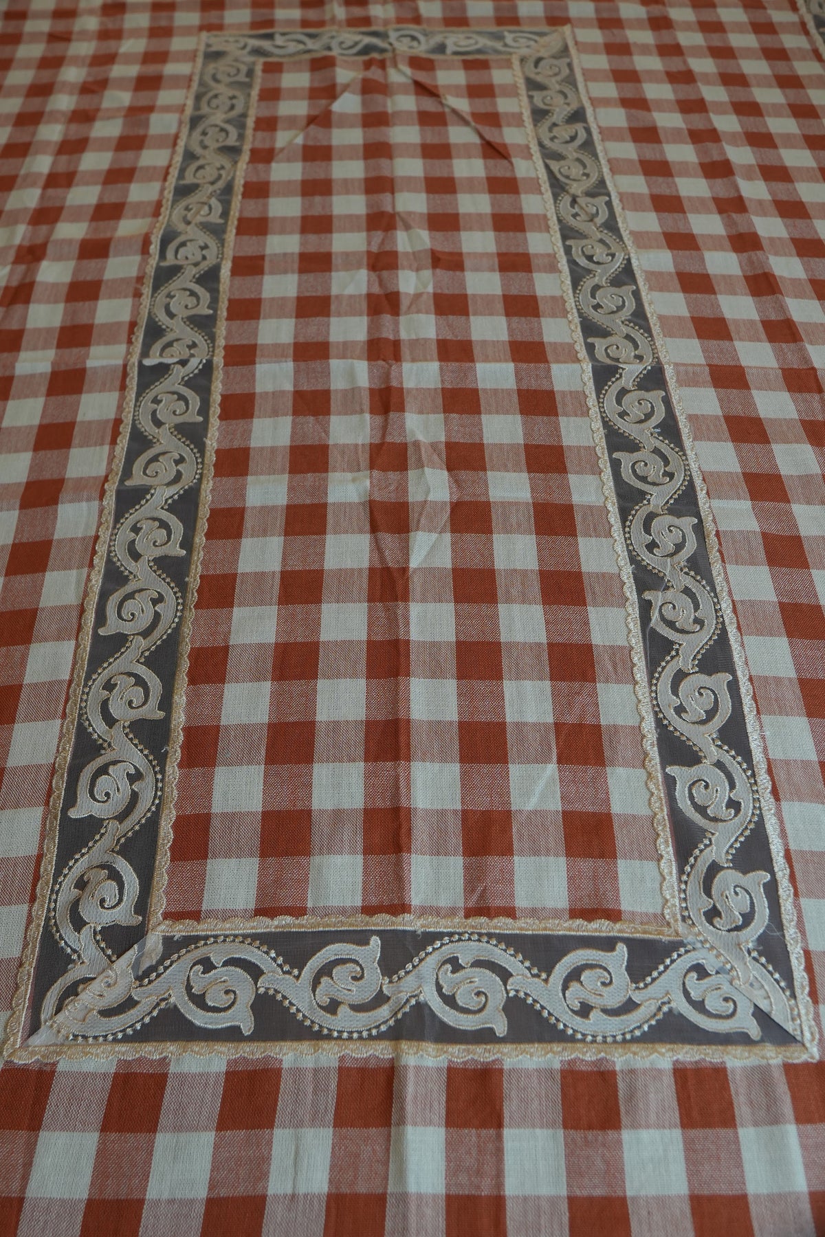 Rust Orange Gingham Check Table Sheet with Scroll Lace Panel (6 Seater)