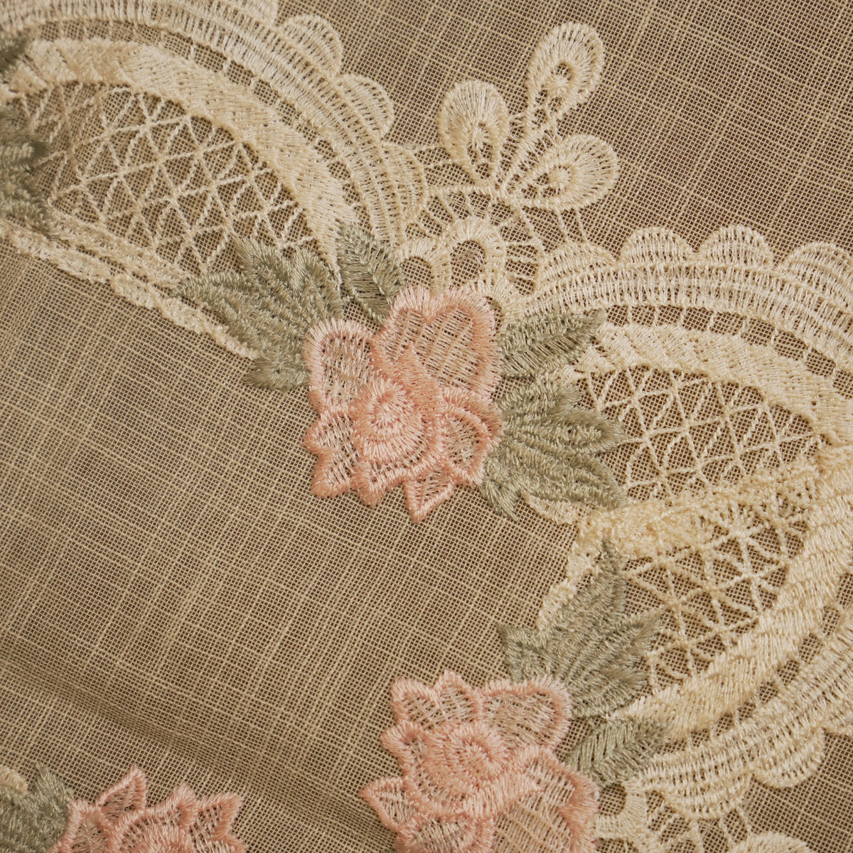Close-up of the pink rose and lattice lace