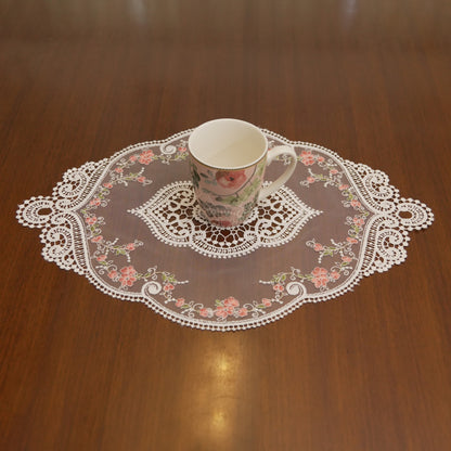 White Lace & Pink Floral Vine Sheer Oval Table Mat (Set of 2)