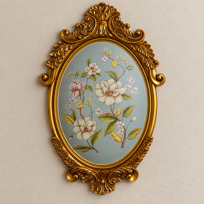 Powder Blue Magnolia Oval Wall Plaque with Gold Baroque Frame