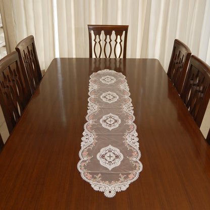 White Lace & Pink Floral Vine Sheer Table Runner (Long)