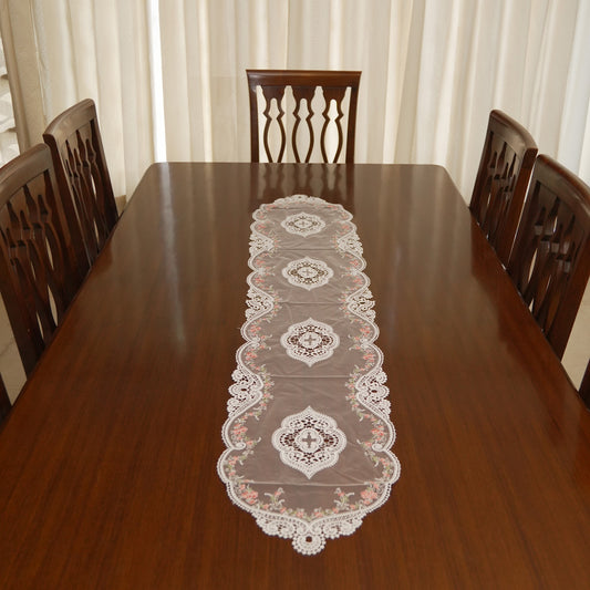 White Lace & Pink Floral Vine Sheer Table Runner (Long)