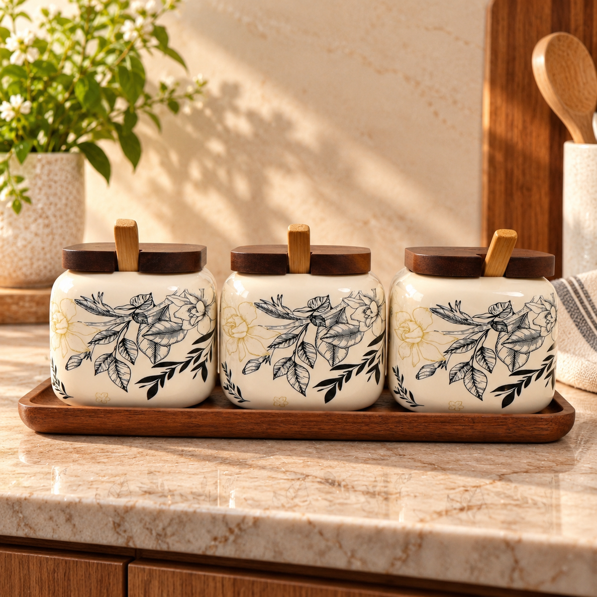 Ink Botanical Ceramic Pickle Jar Set with Wooden Lids, Spoons & Tray (Set of 3)