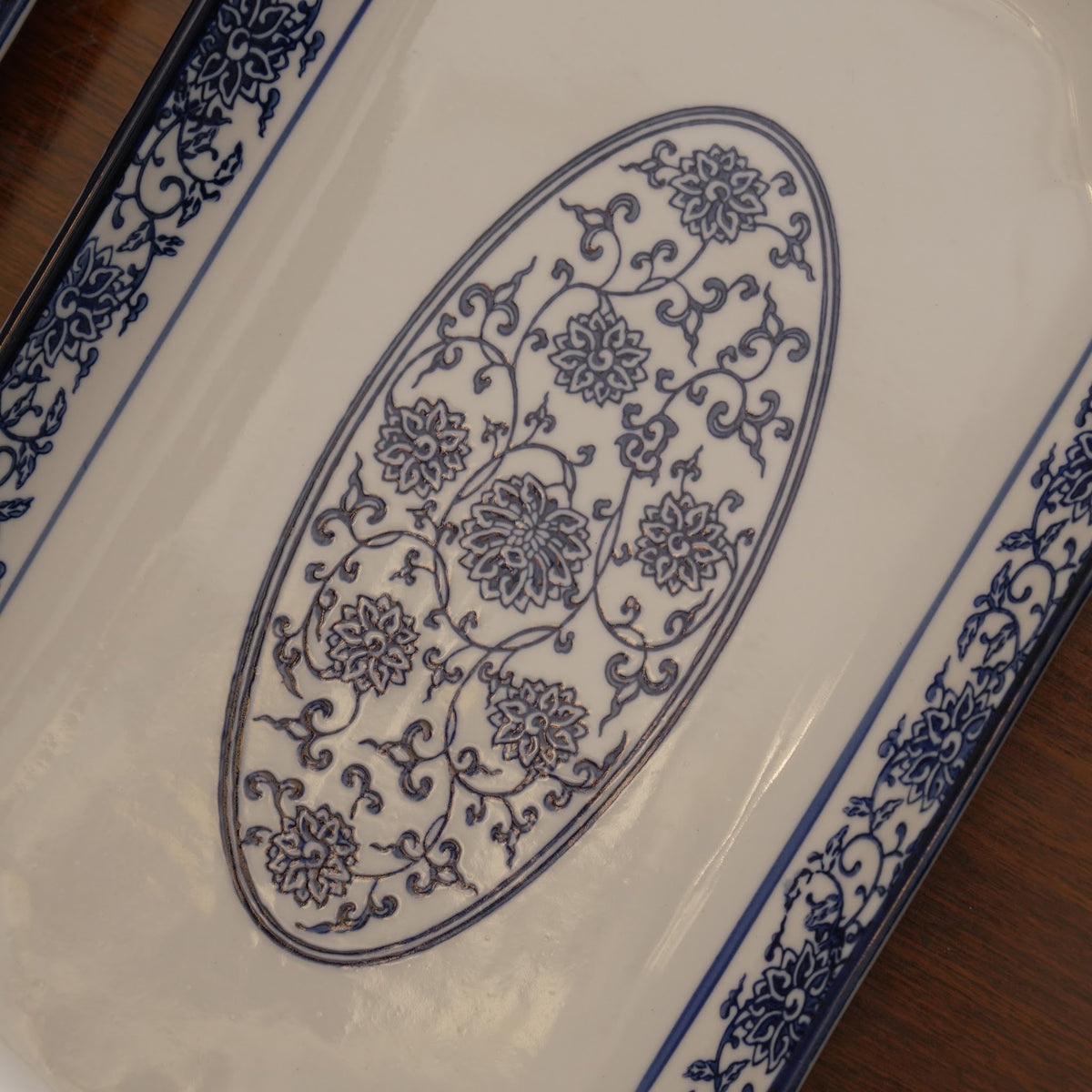 Blue Floral Ceramic Serveware - Rectangular Serving Platter (Medium) | Set of 2