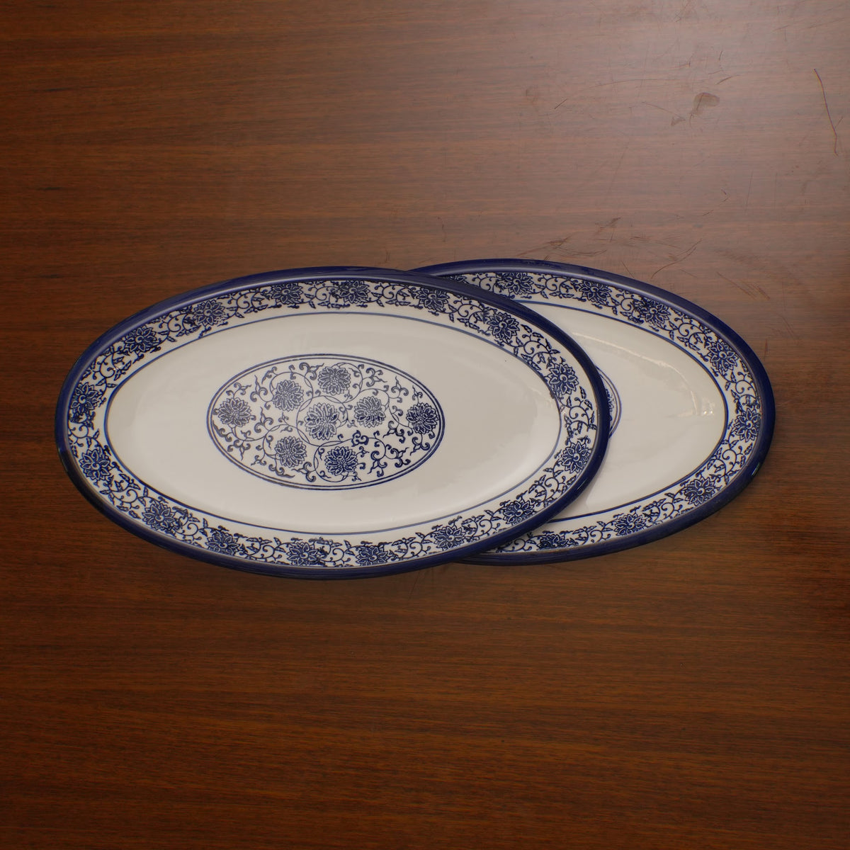 Blue Floral Ceramic Serveware - Oval Serving Platter (Large) | Set of 2
