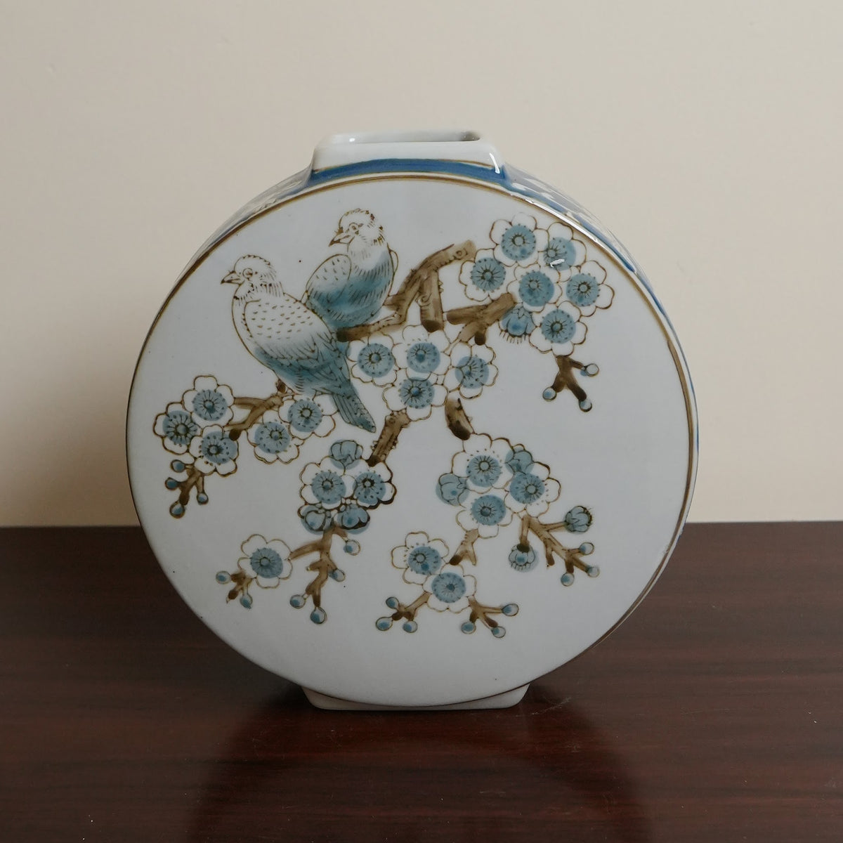 Bluebird & Plum Blossom Ceramic Moon Flask Vase