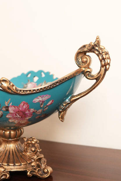 Teal Floral Ceramic Boat Centerpiece with Gold Handles