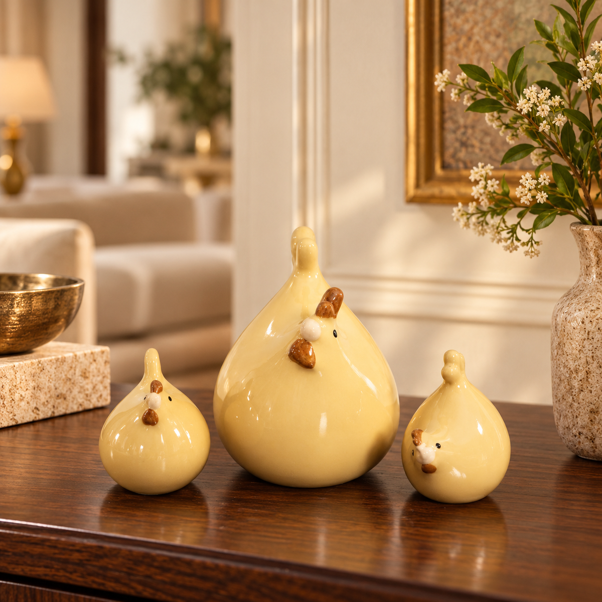 Yellow Hen & Chicks Ceramic Figurine (Set of 3)