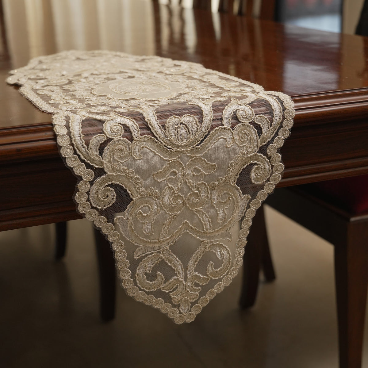 Ivory Satin Scroll Lace Table Runner (Small)