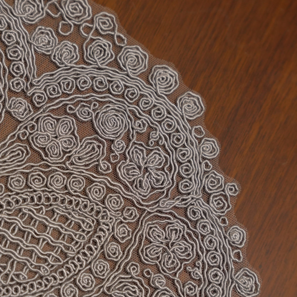 Silver Grey Scroll Crochet Lace Round Table Mat (Set of 2)