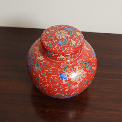 Coral Red Enamel Floral Ceramic Round Lidded Jar