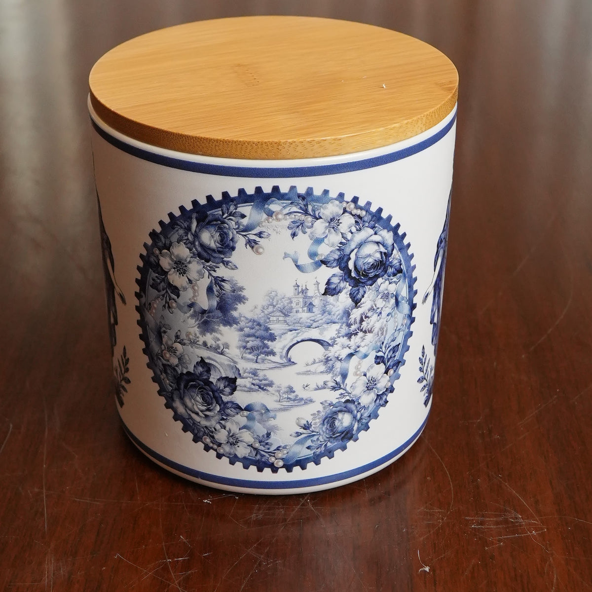 Blue Toile Ceramic Canister with Bamboo Lid