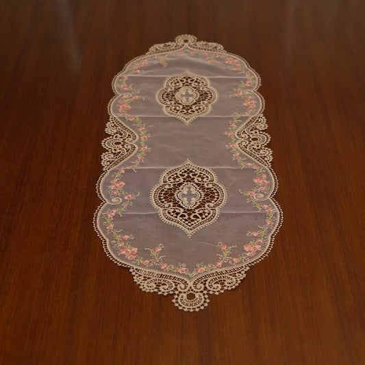 Gold Lace & Pink Floral Vine Sheer Table Runner (Small)