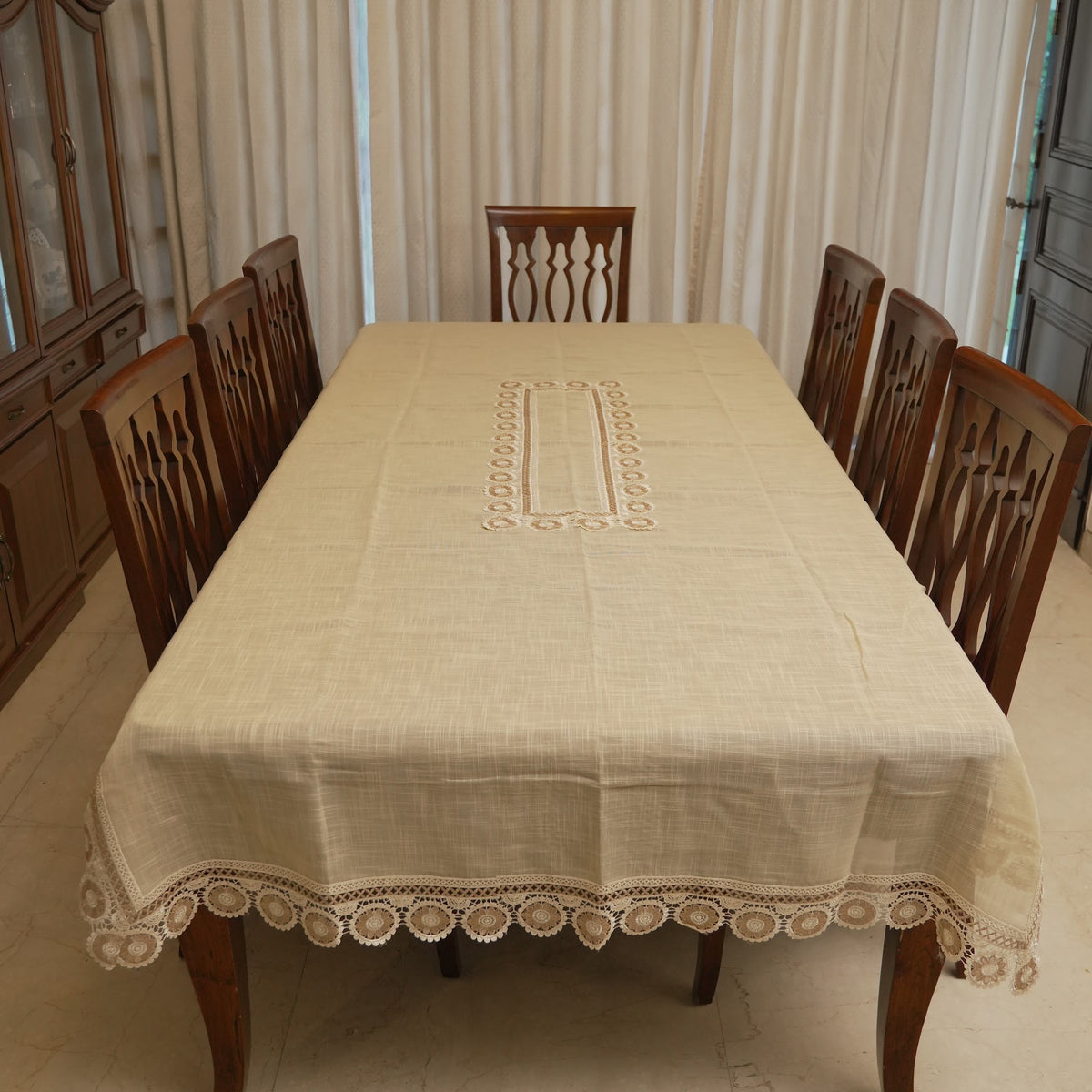 Beige Medallion Lace Border Table Sheet (10 Seater)