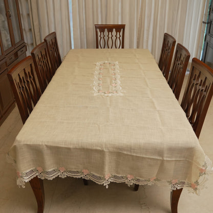 Pink rose lace table sheet on a 10 seater dining table