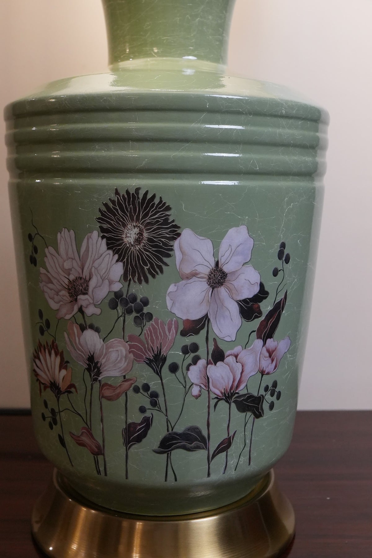 Sage Green Blossom Ceramic Table Lamp with Gold Base
