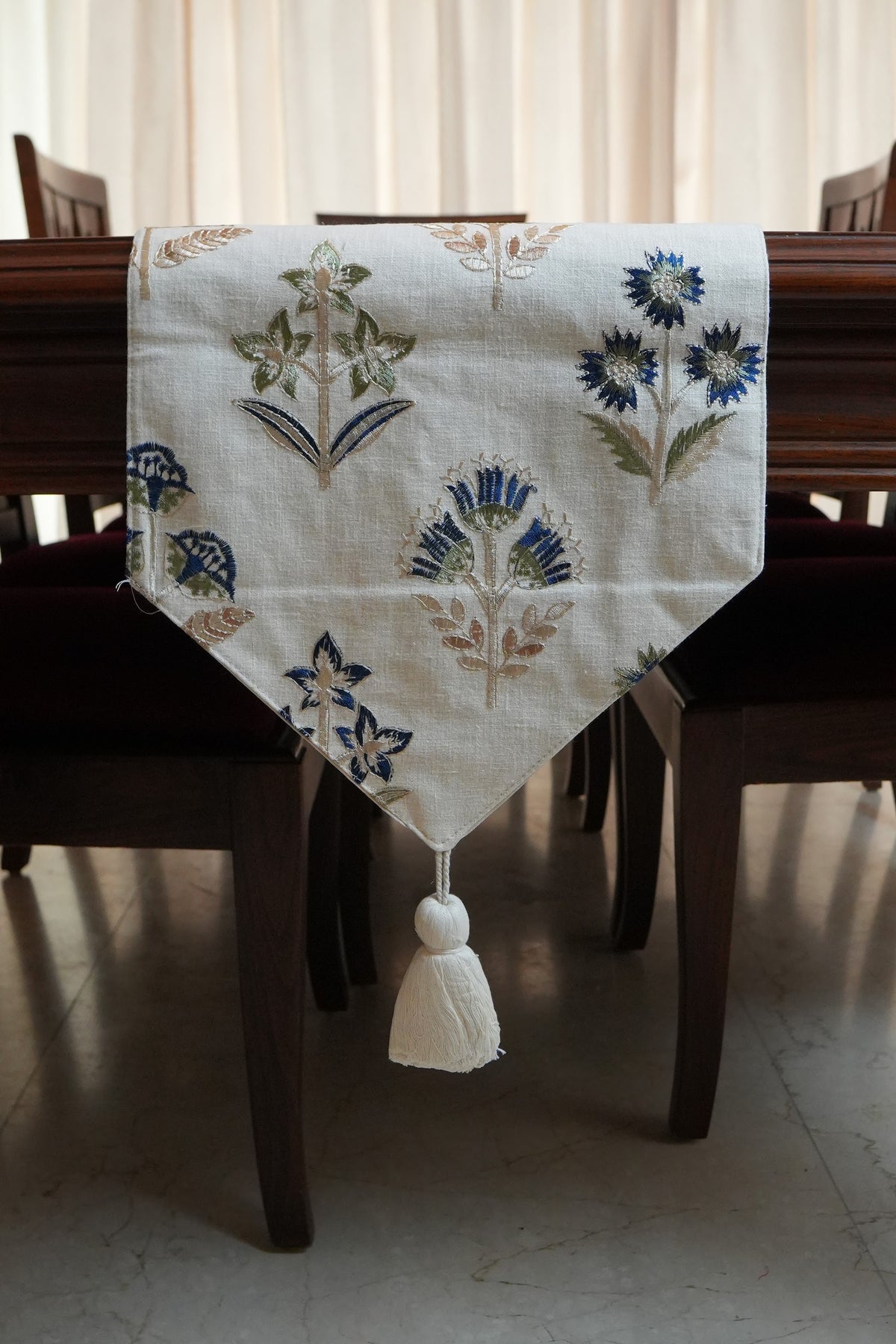 Blue Floral Buta Table Runner with Tassels (Long)