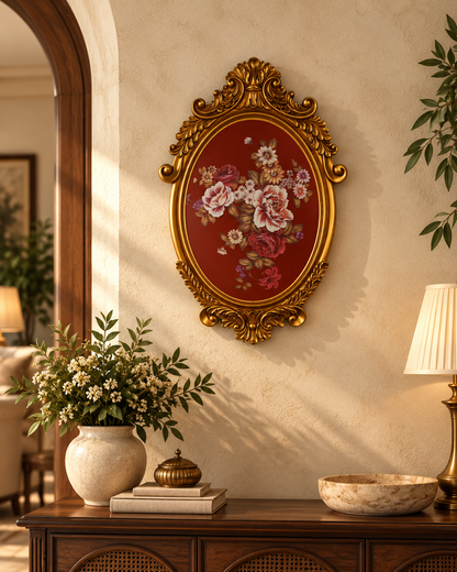 Burgundy Floral Oval Wall Plaque with Gold Baroque Frame
