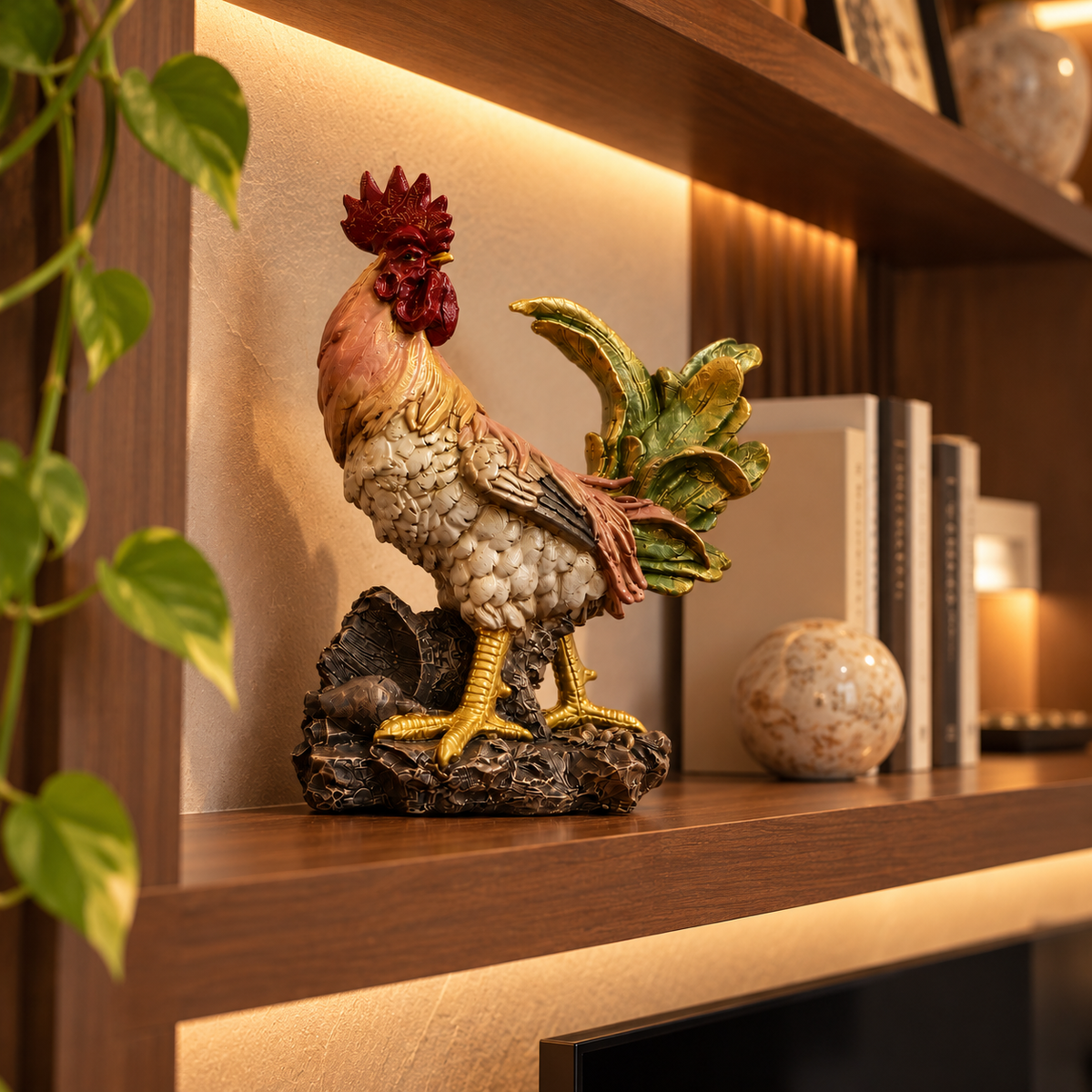 Golden Feather Rooster Figurine on Rock Base