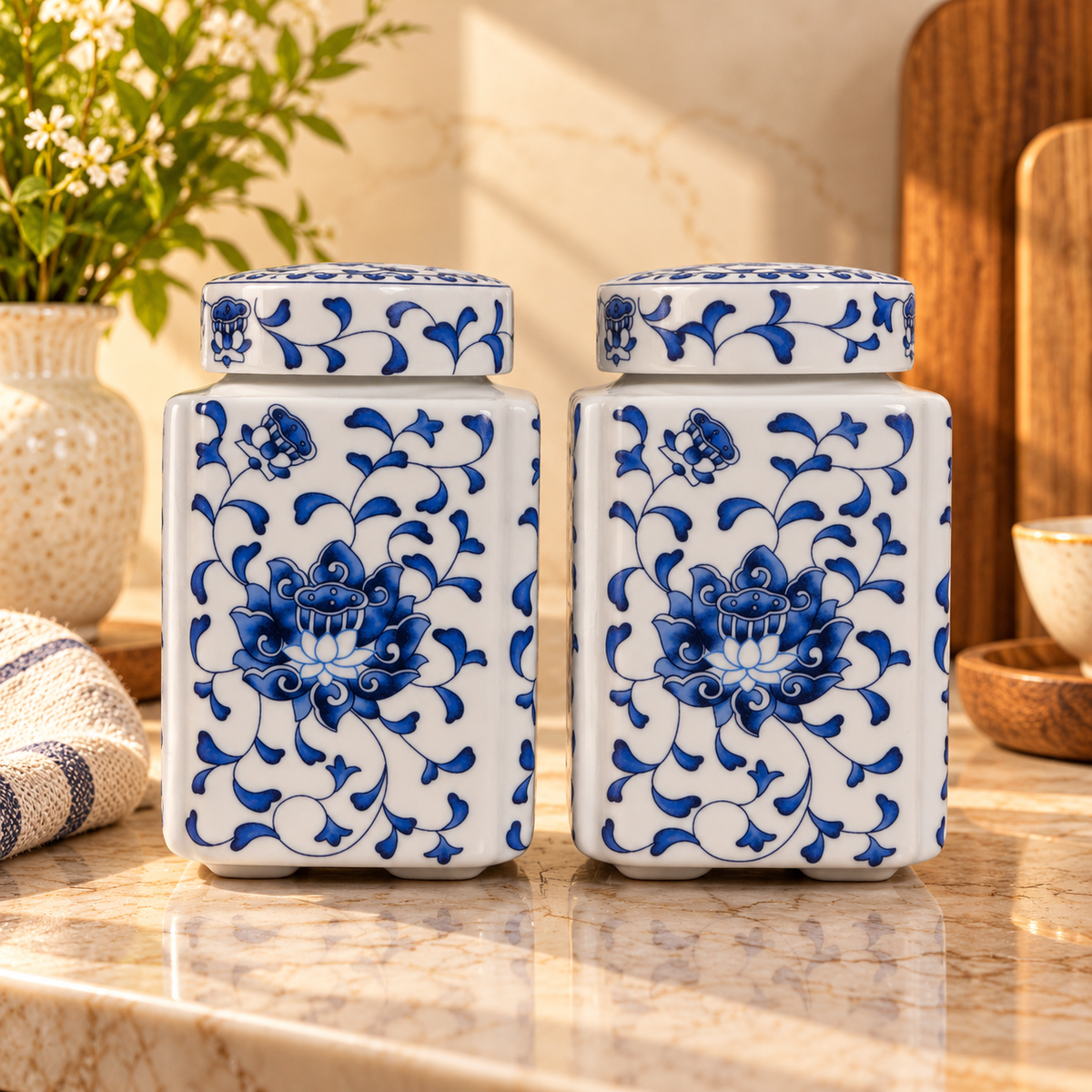 Blue Lotus Scroll Ceramic Square Lidded Jar (Set of 2)