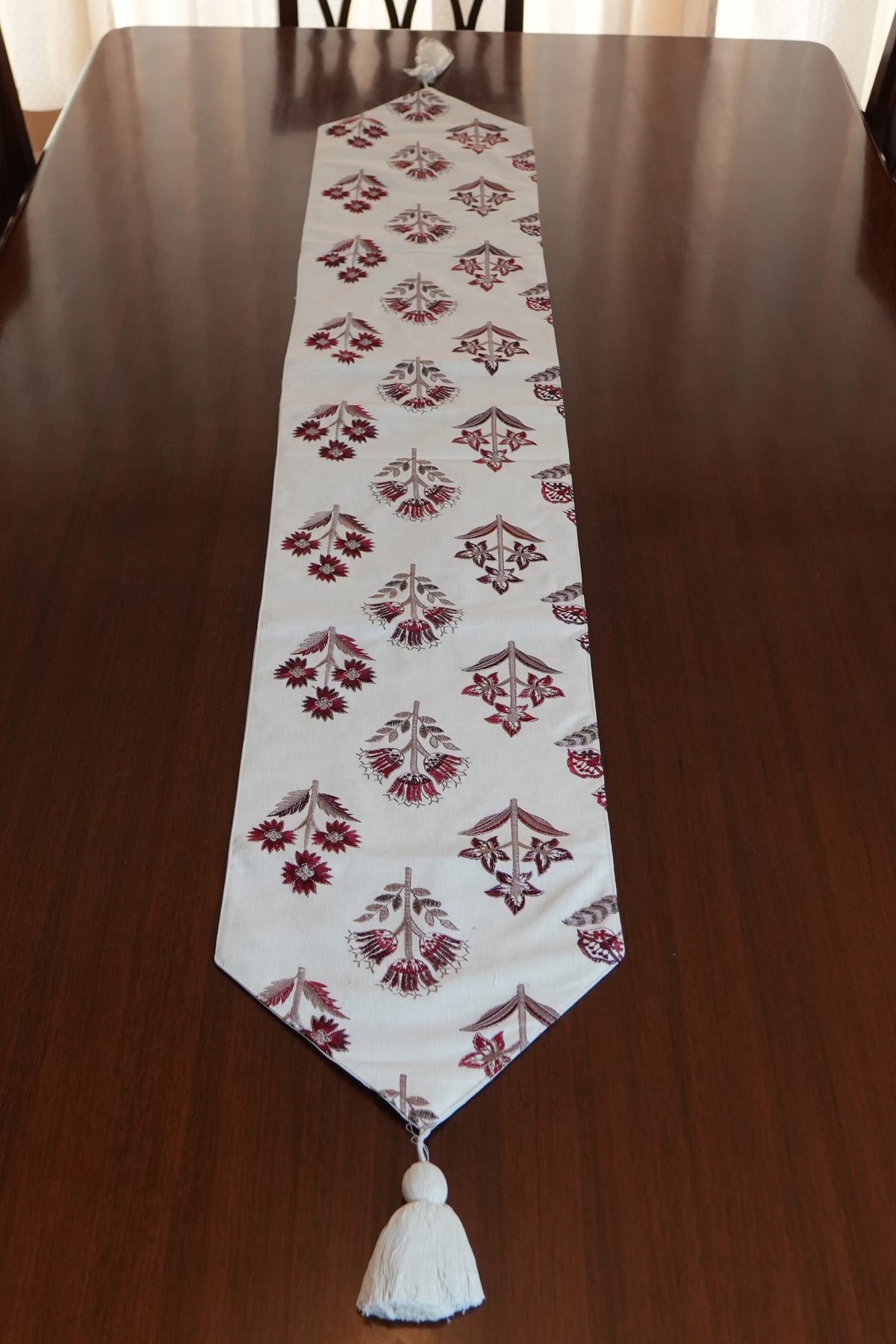 Maroon Floral Buta Table Runner with Tassels (Long)