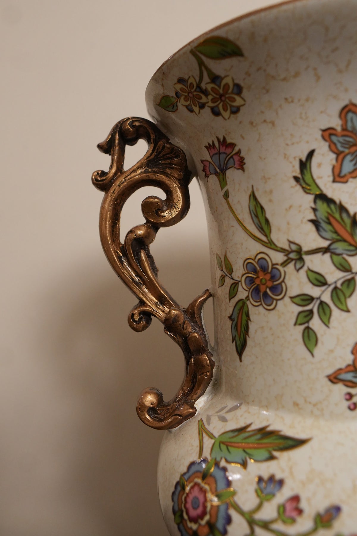 Ivory Floral Ceramic Urn Vase with Gold Scroll Handles & Pedestal