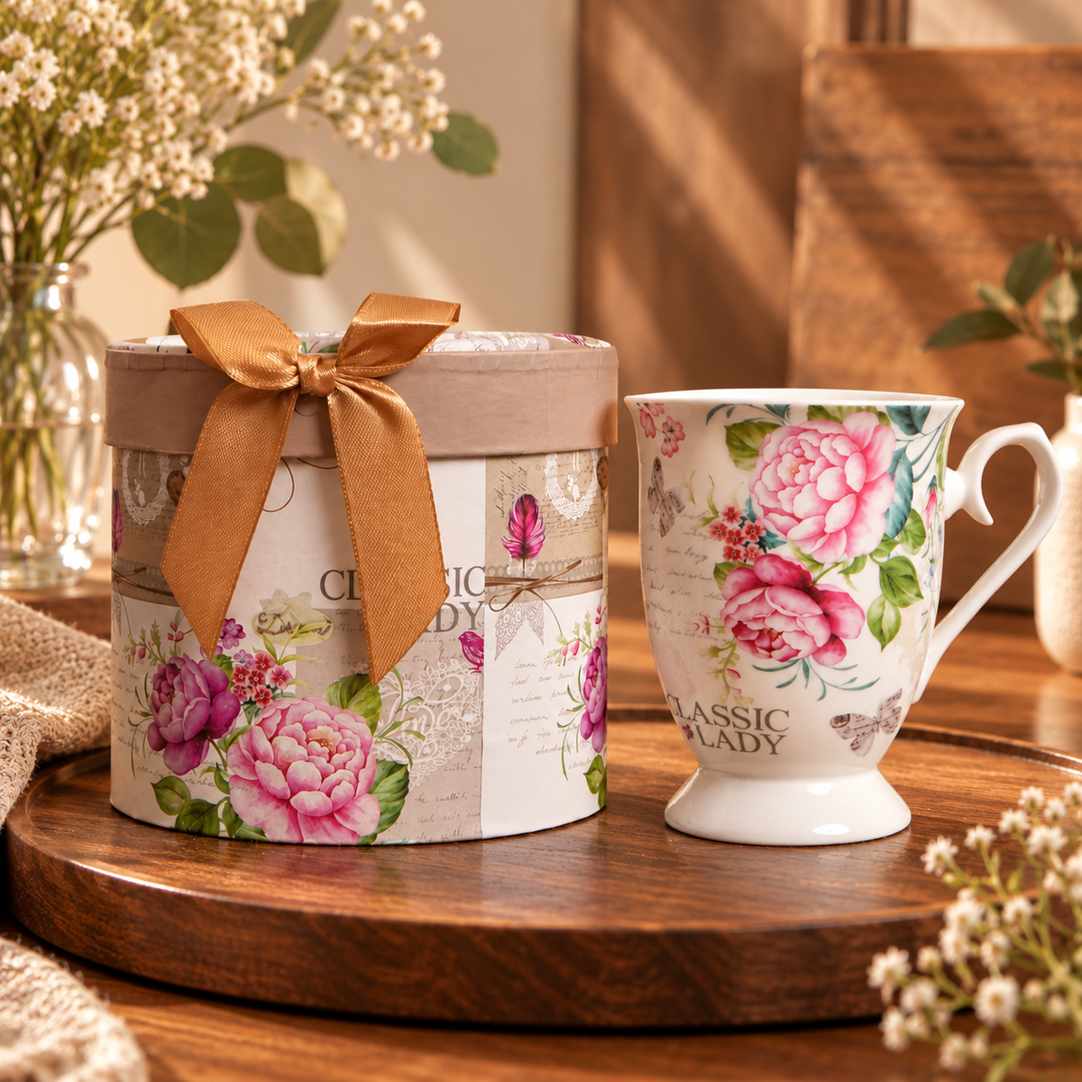 Classic Lady Floral Ceramic Mug with Round Gift Box
