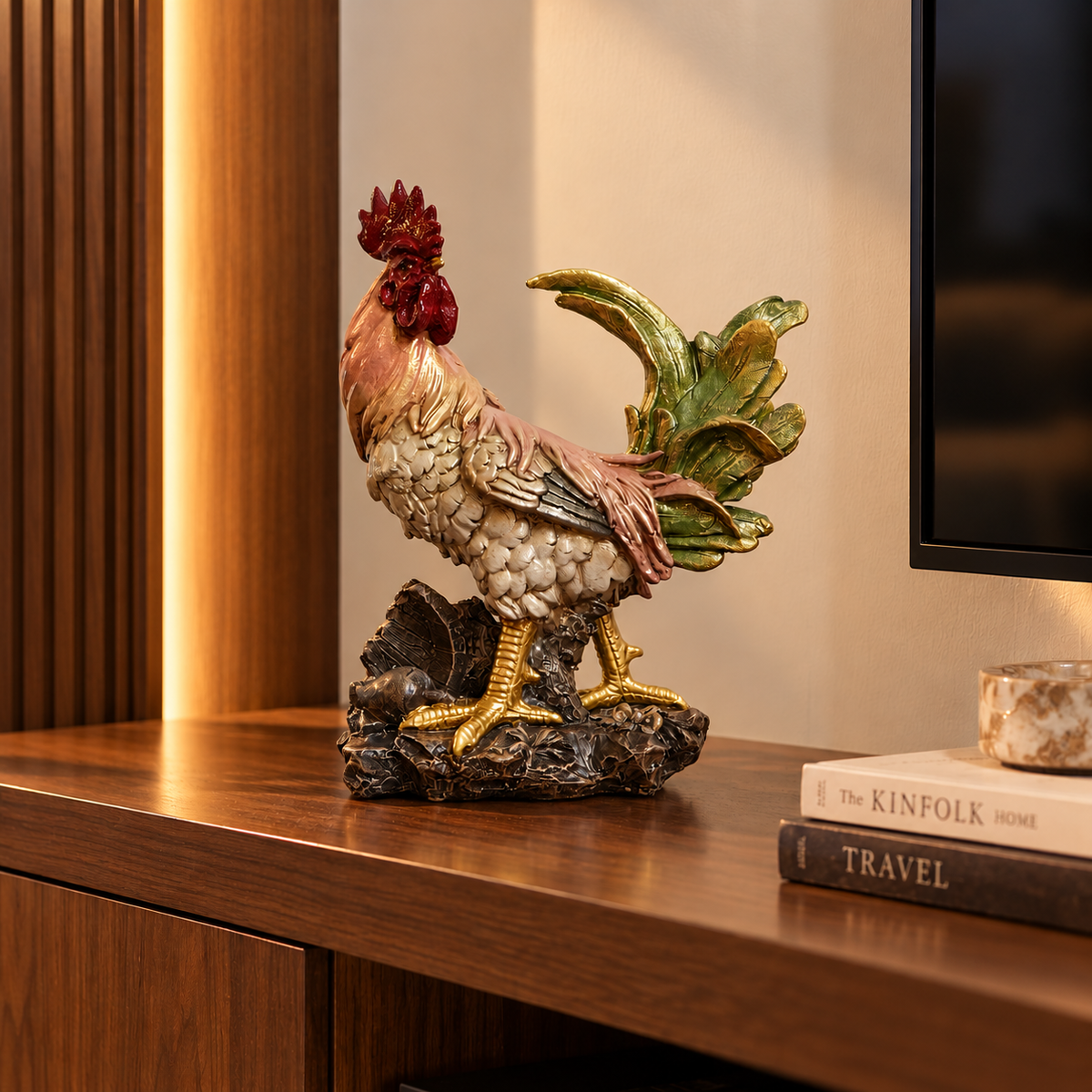 Golden Feather Rooster Figurine on Rock Base